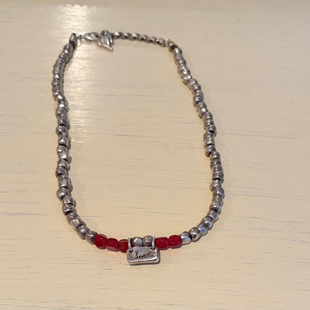 UNO de 50 Silver-tone Beaded Necklace with Red Accent Bead and 'Love' Charm